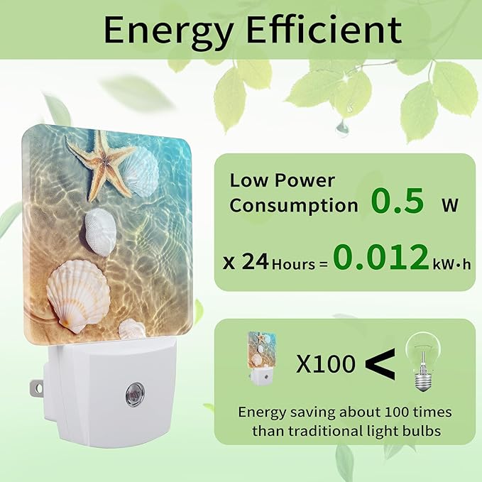 Starfish Seashell on Beach Night Light, Summmer Beach Night Light Plug into Wall with Dusk to Dawn Sensor, LED Lamp Energy Saving Lights for Men Women Boys Girls,Lamp for Bedroom Bathroom Hallway