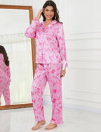 SWOMOG Womens Silk Satin Pajamas Set Long Sleeve Button Down Sleepwear 2 Piece Lounge Set Pj Set XS-3XL