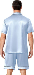 Ekouaer Mens Pajamas Set Silk Satin Sleepwear Short Sleeve Button Down Pjs Set 2 Piece Loungewear with Pockets S-XXL