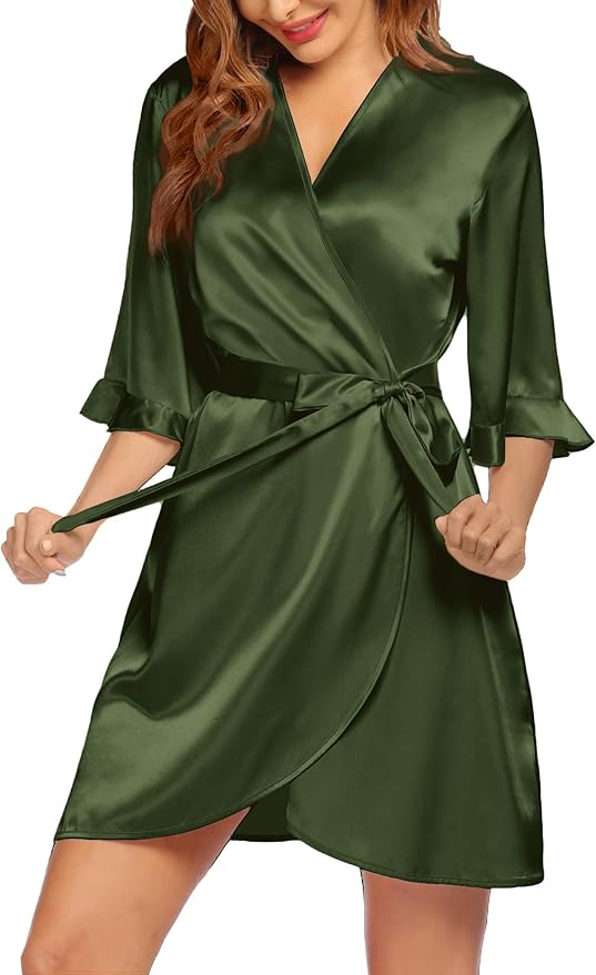 Ekouaer Women's Satin Robe Valentines Lingerie for Women Kimono Bathrobe Short Ruffle Belted Robes Bridesmaids Sleepwear