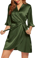 Ekouaer Women's Satin Robe Valentines Lingerie for Women Kimono Bathrobe Short Ruffle Belted Robes Bridesmaids Sleepwear