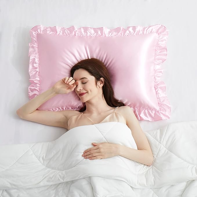 Silky Satin Ruffled Pillow Cases for Hair and Skin,Pink Silk Pillowcases Queen Set of 2 with Envelope Closure Princess Room Decoration