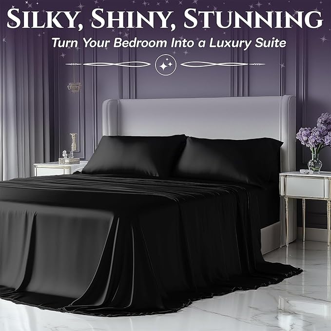 SLEEP SANCTUARY Satin Sheets Twin Size – 3 Piece Luxury Silky Bed Set, Softer Than Silk, 15" Deep Pocket, Cooling & Wrinkle-Free, Moisture-Wicking & Breathable for Hair & Skin (Black)