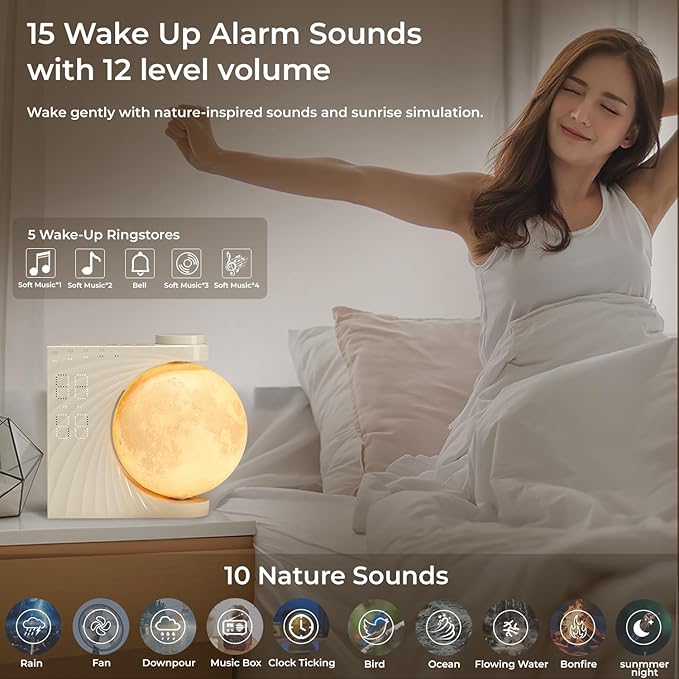 Sunrise Alarm Clock for Bedrooms, Moon Lamp Wake-Up Light with Night Lamp & Colourful Light Mode - 10 Sleep Nature Sounds & Dual Alarms for Heavy Sleepers, 30/60/90 Timer with Snooze Function