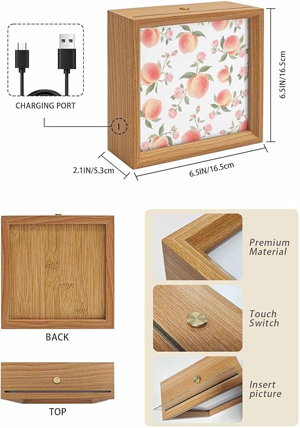 Wood Night Light Box 6.5x6.5in,Summer Fruit Pink Honey Peach Table Lights Wooden Picture Frame with USB Rechargeable Touch LED Lights for Home Decor Desktop Display,Watercolor Plants