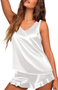 Ekouaer Womens Silk Pajamas Set 2 Piece Satin Camisole Pjs V Neck Tank Top and Shorts with Ruffle Sleepwear