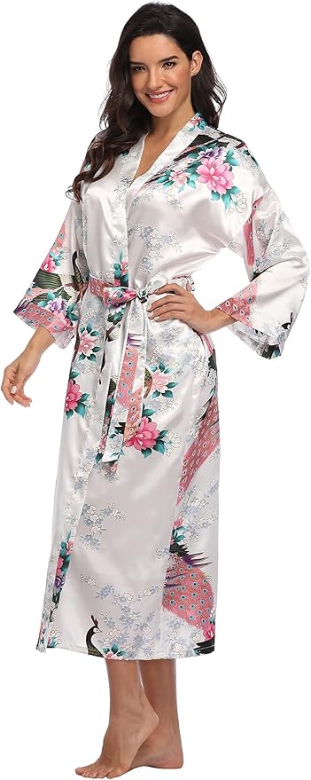 Valennia Women Long Silky Bathrobe Satin Kimono Robe Floral Printed Dressing Gown Sleepwear