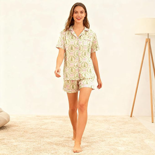 ASTANFY Silk Satin Pajama Set Womens Silk Satin 2 Piece Pjs Shorts Sleepwear Christmas Button Down Shirt Bride Pj Lounge Sets