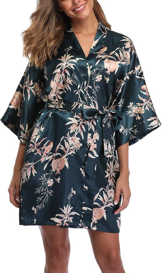 Women's Floral Satin Robes Bride Bridesmaid Getting Ready Robe Short Silky Kimono Sleepwear for Wedding Party