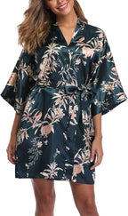 Women's Floral Satin Robes Bride Bridesmaid Getting Ready Robe Short Silky Kimono Sleepwear for Wedding Party