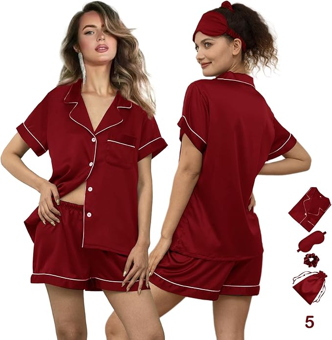WJing Yi Jia 5Pcs Womens Soft Satin Pajama Set XS-4XL Button-Down Silk Pajamas Floral Sleepwear Bridal Pjs Lounge Pj Sets