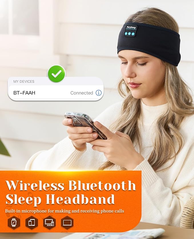 Perytong Sleep Headphones Bluetooth 5.4 Headband, Sleep Headband Headphones for Side Sleepers, Built-in HD Stereo Speakers & Long-Lasting Time Battery, Sports Headband Music Earphones for Nap