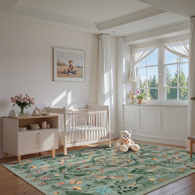 Lahome Chloe Insect Botanical Washable Green 6x9 Area Rugs for Living Room, Non Slip Rugs for Bedroom, Boho Indoor Throw Dining Room Rugs for Under Table Carpet for Home Office Playroom(Green,6x9)
