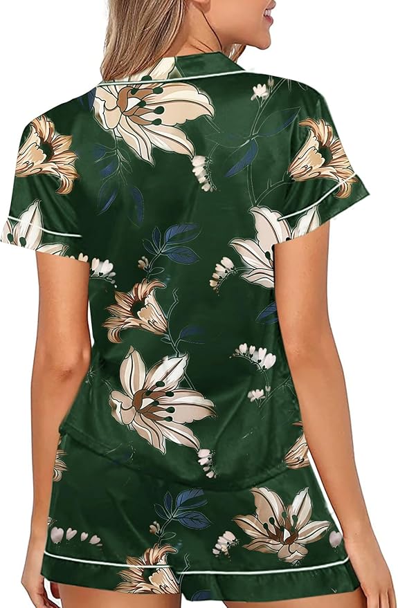 WJing Yi Jia Womens Silk Satin Pajamas Loungewear Two-Piece Sleepwear Button-Down Floral Pj Set XS-4XL