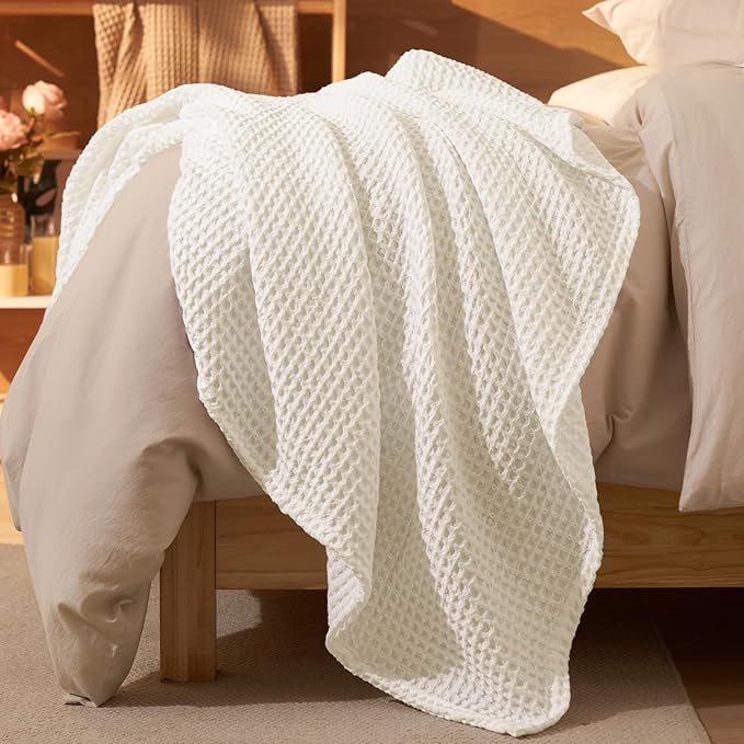 PHF Ultra Soft Waffle Weave Throw Blanket 50"x 60"- Washed Lightweight Breathable Cozy Woven Blanket for Bed - Aesthetic Decor for Couch Bedding Sofa Home Car - Coconut White