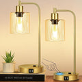 Set of 2 Industrial Touch Control Table Lamps with 2 USB Ports and AC Outlet - 3-Way Dimmable Gold Bedside Lamp Nightstand Desk Lamps for Bedroom Living Room, Amber Glass Shade & 2 LED Bulbs Included