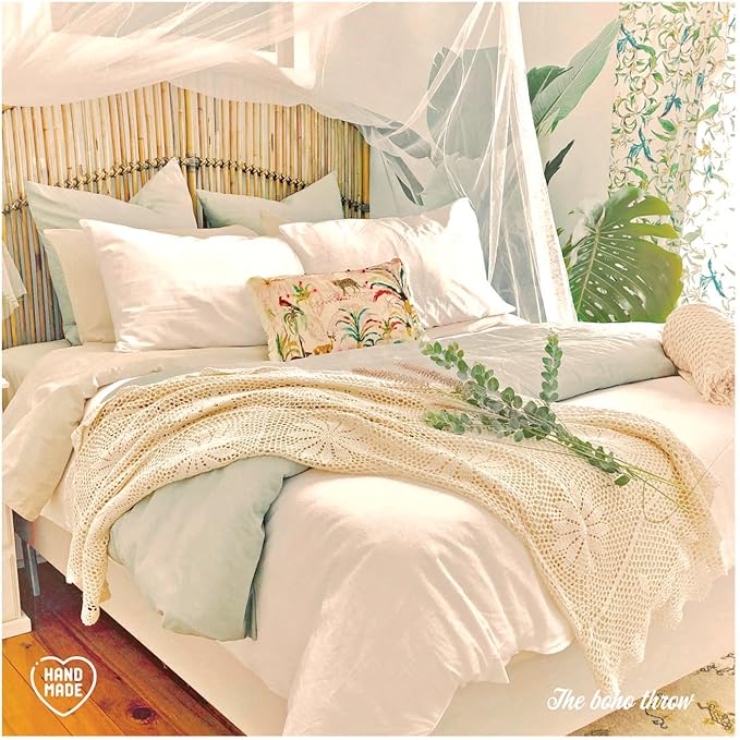 Zenviro Boho Throw Blanket, 50"x60", 100% Handmade Crochet Throw Blankets,100% Cotton Beige Throw, Decorative, Vintage Lace Blanket, Boho Decor, Photo Prop, Lightweight Knit