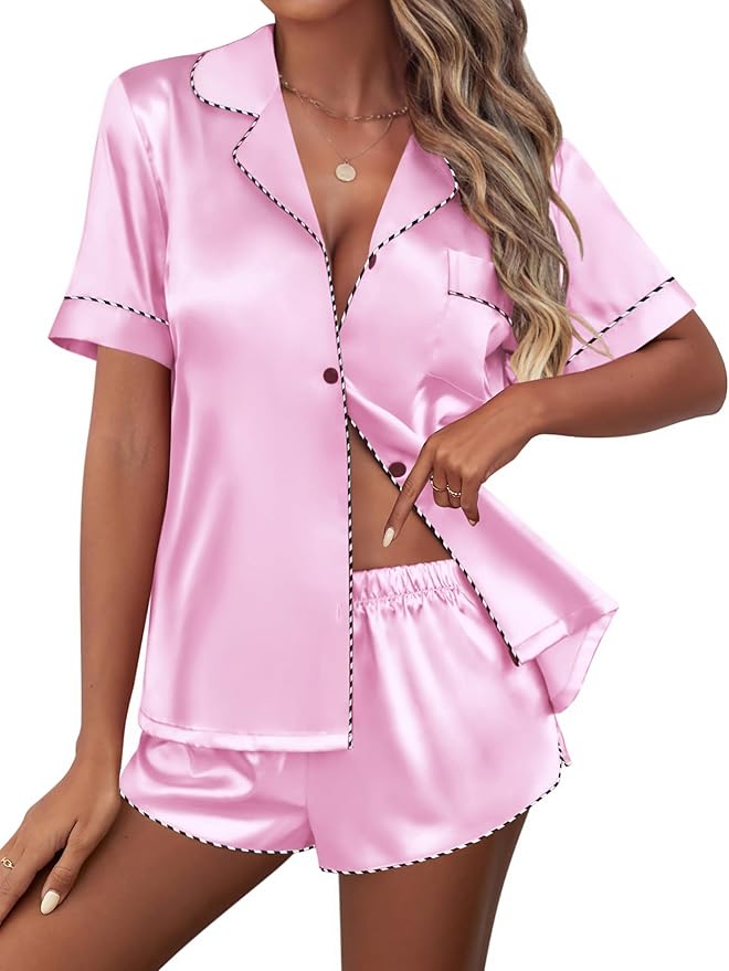 Ekouaer Silk Satin Pajamas Set Short Sleeve Pj Sets Black & White Contrast Piping Pjs Button Down Lounge Sets 2 Piece