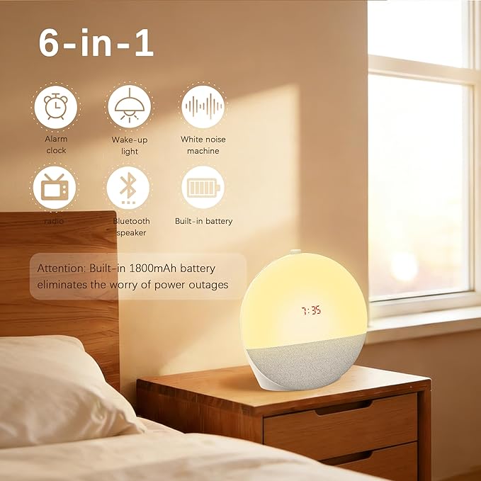Sunrise Alarm Clock Wake Up Light, White Noise Machine Sleep Aid with 8 Soothing Sounds, Bluetooth Speaker & 10 Color RGB Atmosphere Lights, Dual Alarms, Dimmable Natural Light for Bedroom