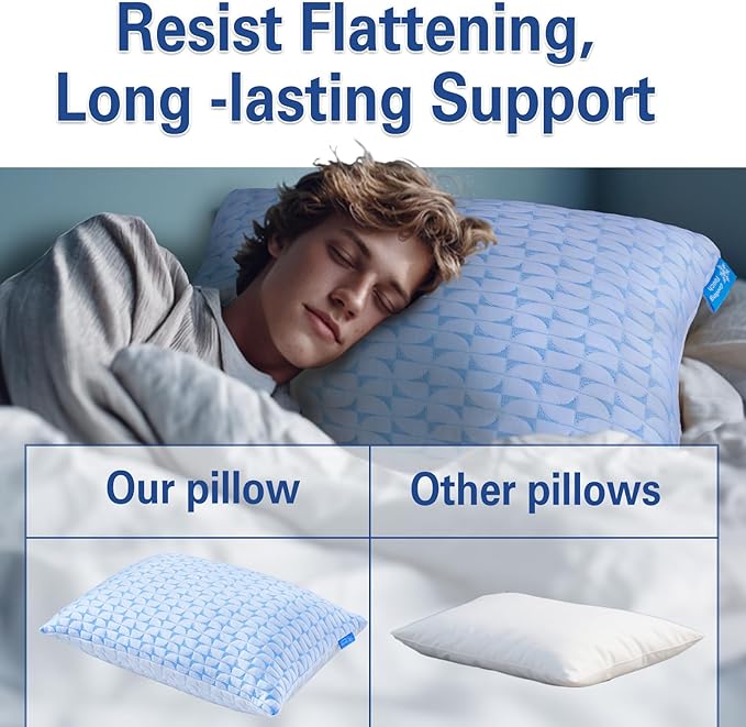 QUTOOL Firm Pillow Shredded Memory Foam, Cooling Pillow for Hot Sleeper, Adjustable Bed Pillow for Side Back Stomach Sleepers, Washable Cover, CertiPUR-US Certified, King Size