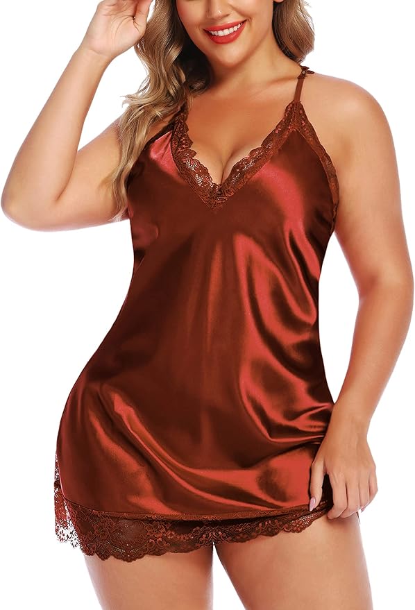 Avidlove Women Lingerie Plus Size Satin Lace Chemise Nightgown Sexy Full Slips Sleepwear L-4XL