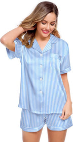 LecGee Womens Silk Satin Pajamas Short Sleeve Loungewear Two-Piece Sleepwear Button-Down Pj Set