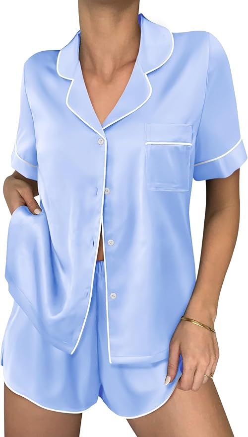 Ekouaer Womens Silk Satin Pajama Sets 2 Piece Button Down Silk Pjs Shorts Sets Cute Print Short Sleeve Sleepwear S-4XL
