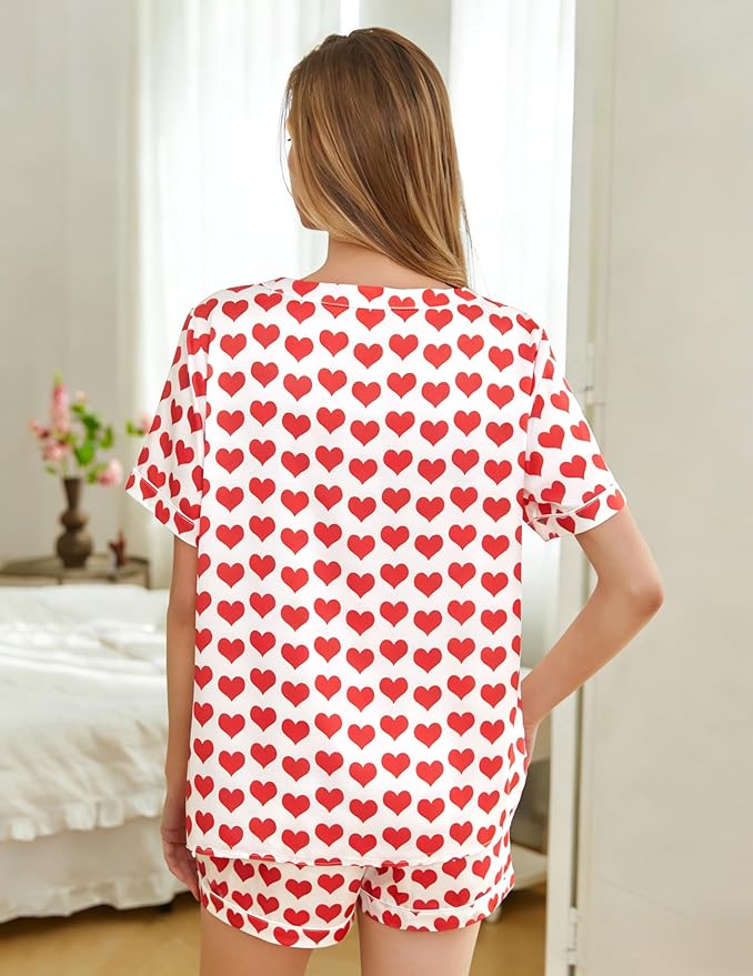 ASTANFY Valentines Day Pajamas Women 2 Piece Silk Valentine Pjs Cute Heart Pajamas V Neck Satin Sleepwear Loungewear Set