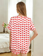 ASTANFY Valentines Day Pajamas Women 2 Piece Silk Valentine Pjs Cute Heart Pajamas V Neck Satin Sleepwear Loungewear Set