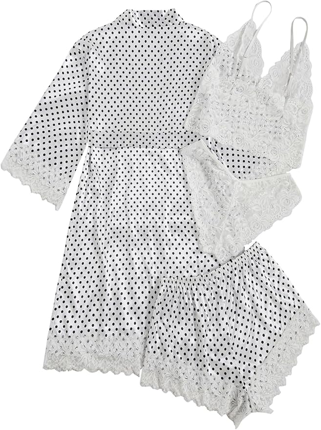 WDIRARA Women' Silk Satin Pajamas Set 4pcs Lingerie Floral Lace Cami Sleepwear with Robe