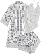 WDIRARA Women' Silk Satin Pajamas Set 4pcs Lingerie Floral Lace Cami Sleepwear with Robe