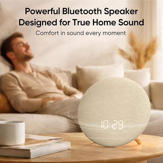 HOUSBAY Alarm Clock Sound Machine with Bluetooth Speaker - Room-Filling Sound, White Noise for Sleeping & Adult, Gentle Wake up Alarm, Cord-Free Use for Bedroom & Office, Oat Beige