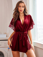 Avidlove Women Lingerie Robe Satin Sleepwear Eyelash Lace Kimono Side Split Sexy Silk Robes