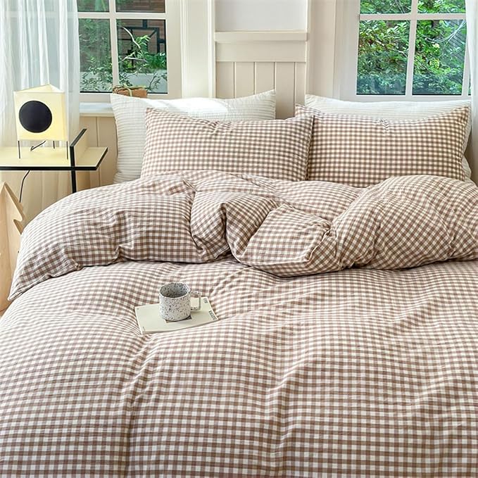 Nayoroom Brown Gingham Duvet Cover Full Size Tan White Plaid Checkered Duvet Cover Grid Dorm Bedding Set 3 Pieces Soft Lightweight Washed Microfiber Farmhouse Bedding with Pillowcases
