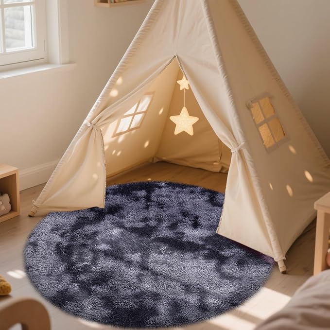 OLANLY Light Grey Tie-dye Round Rugs for Bedroom - Machine Washable, 4x4 Feet Circle Area Rugs for Living Room, Soft and Fluffy Shaggy Carpet for Teen Girls and Boys, Dorms, Home Decor Aesthetic