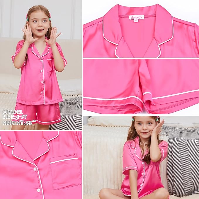 QPANCY Kids Satin Pajamas Sets Baby Boy Girl Button-Down Silk Sleepwear 2 Piece Short Sleeve Loungewear Clothes Set