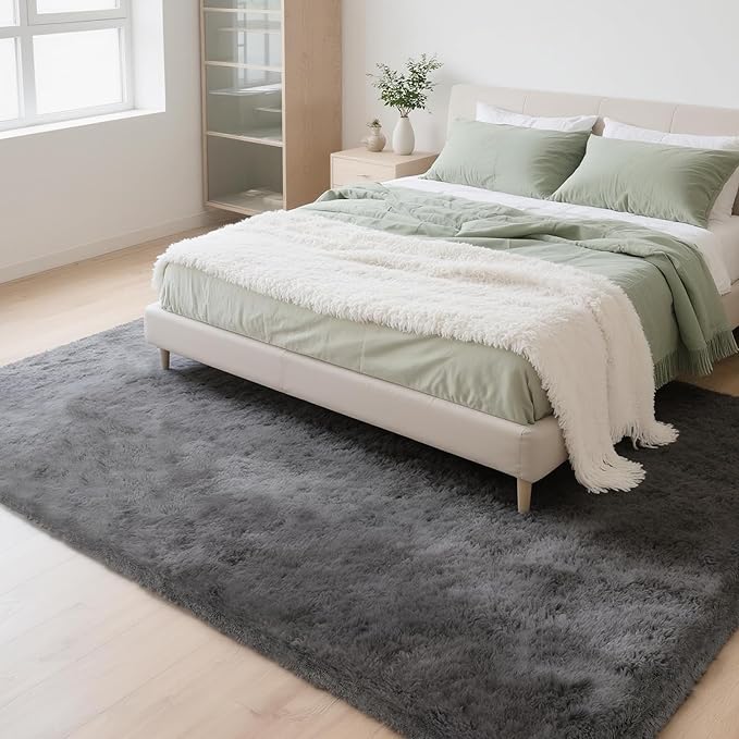 Grey Solid Plush Shag Rug 5x7 – Fluffy Soft Long Pile Indoor Non-Slip Rugs for Living Room, Bedroom, Bedside, Kids Room, Playroom, Cozy Modern Solid Color Carpet