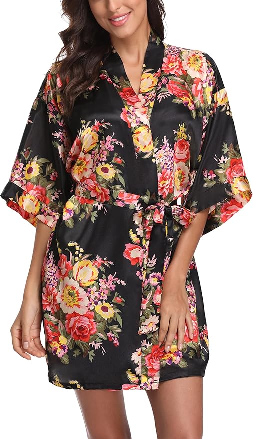 Women's Floral Satin Robes Bride Bridesmaid Getting Ready Robe Short Silky Kimono Sleepwear for Wedding Party