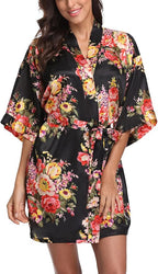 Women's Floral Satin Robes Bride Bridesmaid Getting Ready Robe Short Silky Kimono Sleepwear for Wedding Party