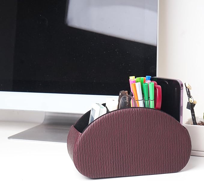 QIELIZI Remote Control Holder, PU Leather Remote Caddy Desktop Organizer with 5 Spacious Compartments for TV Remotes/Media Controllers/Office Supplies (1-Wood Brown