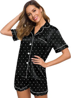 SWOMOG Womens Silk Satin Pajamas Set Short Sleeve Sleepwear Button Down Top and Shorts Loungewear 2 Piece Pjs Set XS-3XL