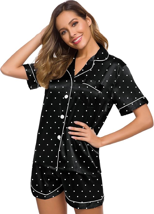 SWOMOG Womens Silk Satin Pajamas Set Short Sleeve Sleepwear Button Down Top and Shorts Loungewear 2 Piece Pjs Set XS-3XL