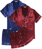 Ekouaer 2 Pack Pajama Sets for Women Silk Satin Pj Short Sleeve Button Down Sleepwear Top and Shorts Summer Lounge Set S-XXL