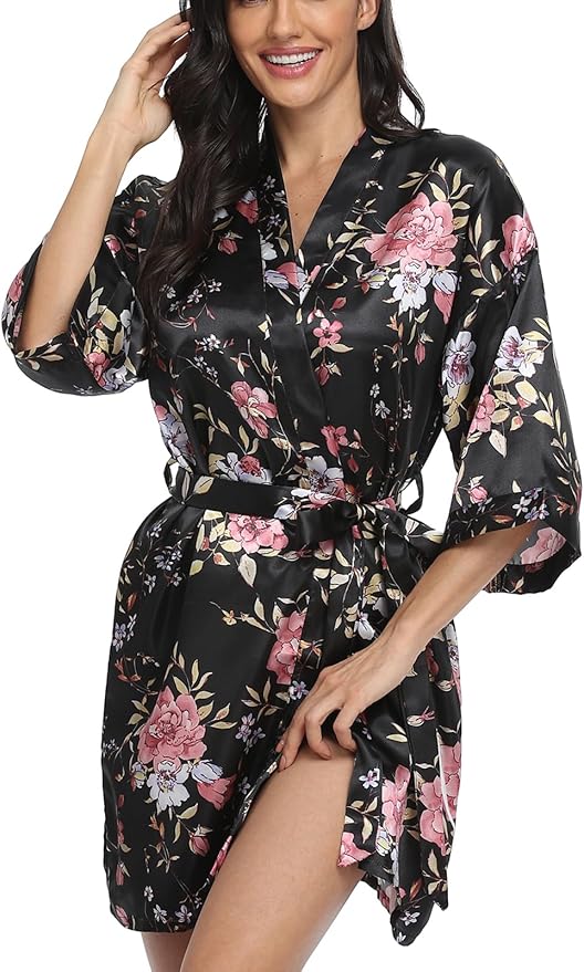 Women's Floral Satin Robes Bride Bridesmaid Getting Ready Robe Short Silky Kimono Sleepwear for Wedding Party