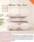 ALEISSEL Vintage Natural Cotton Comforter Queen Size 3Pcs - Brown & Lilac Gray Branches and Soft Blush Flowers on Off-White, Lightweight Reversible Floral Bedding Sets(Full/Queen,90"×90")