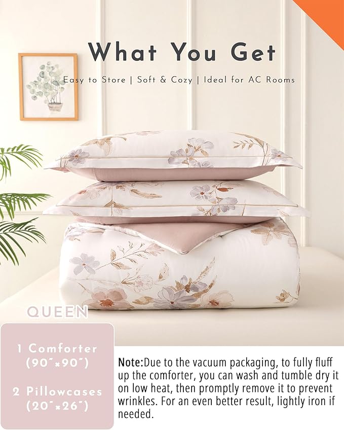 ALEISSEL Vintage Natural Cotton Comforter Queen Size 3Pcs - Brown & Lilac Gray Branches and Soft Blush Flowers on Off-White, Lightweight Reversible Floral Bedding Sets(Full/Queen,90"×90")