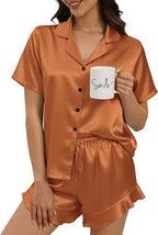 Silk Pajamas for Women Button Down 2 Piece Satin Pjs Shorts Set Ruffle Notch Collar Sleepwear Loungewear