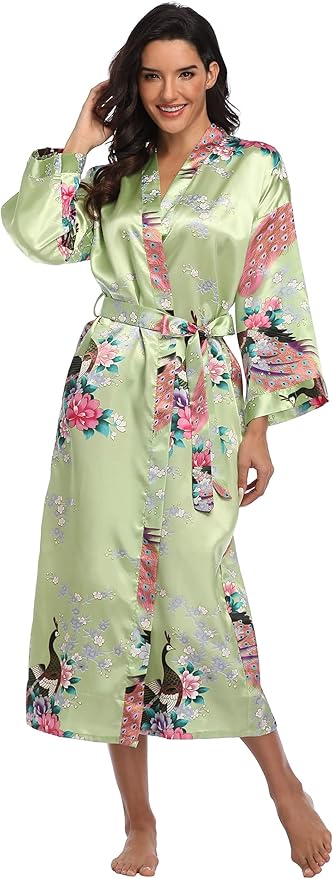 Valennia Women Long Silky Bathrobe Satin Kimono Robe Floral Printed Dressing Gown Sleepwear