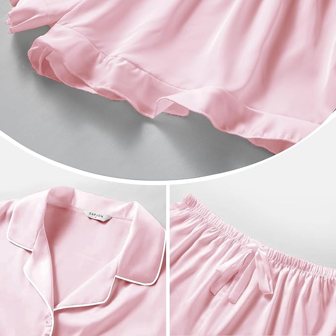 SAPJON Satin Silk Pajamas for Women 2Pcs Ruffle Notch Collar Sleepwear Button Down Short Sleeve Shorts Pjs Set Loungewear