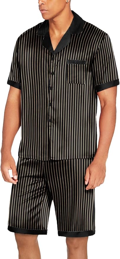 Ekouaer Men Satin Silk Pajamas Set with Pockets Sleepwear Shorts Satin Summer Loungewear 2 Piece Button Down Set S-3XL